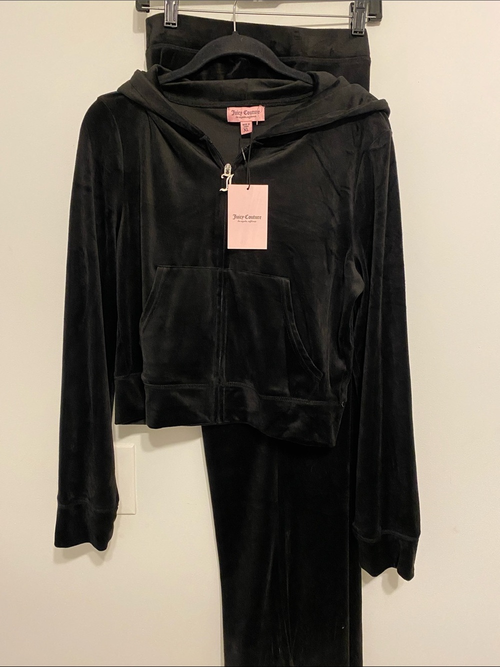 Juicy Couture Black Velour Hoodie & Pants Lounge Set, inseam 32
